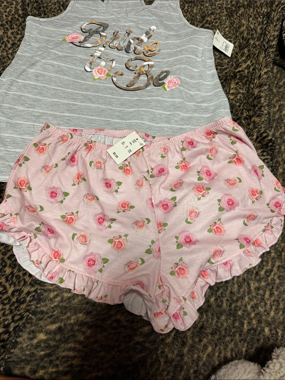 NWT Love & Cherish Bride To Be Gray Striped Tank & Pink Rose-Print Pajama Set